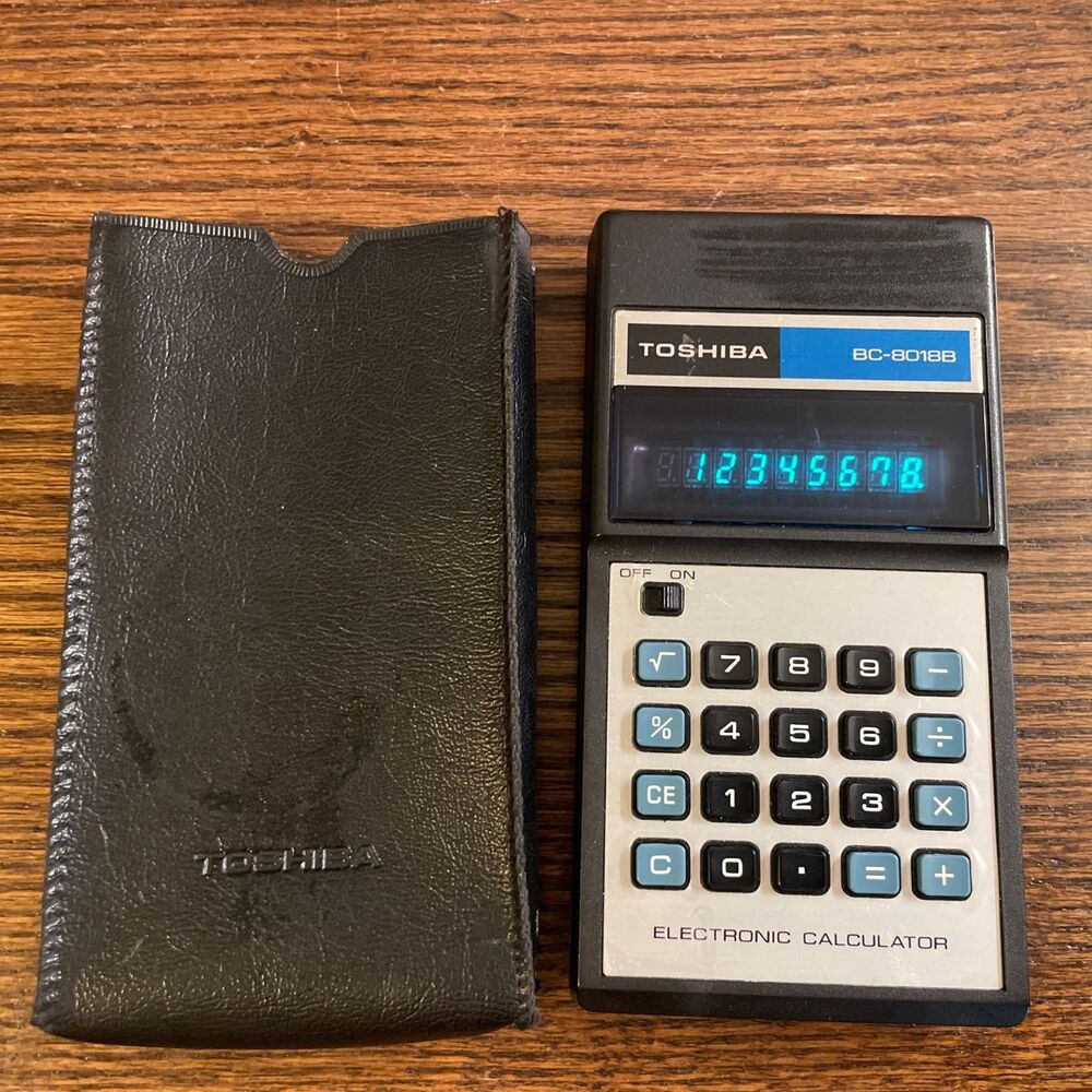 Vintage Toshiba BC-80188 Electronic Calculator Blue Display Japan WORKS W/case